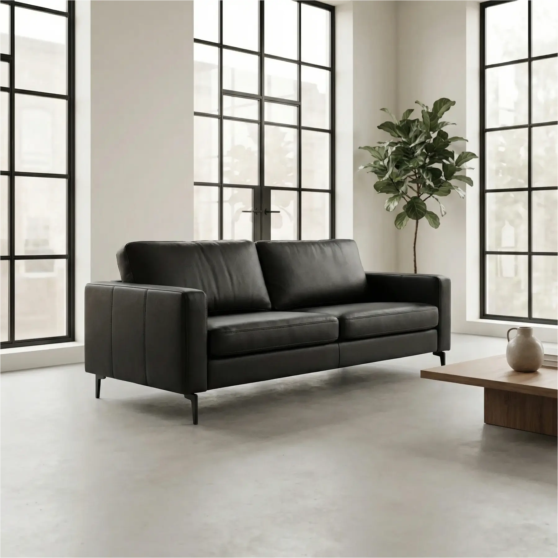 afbeelding van Leren bank Match - 3 zits - Toledo Nero (zwart) - Poten staal zwart